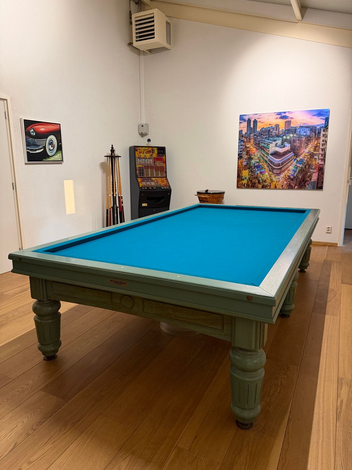 Wilhelmina Amsterdam wedstrijdbiljarttafel verwarmd leisteen, Sport en Fitness, Biljarten en Poolen, Ophalen, Gebruikt, Biljarttafel