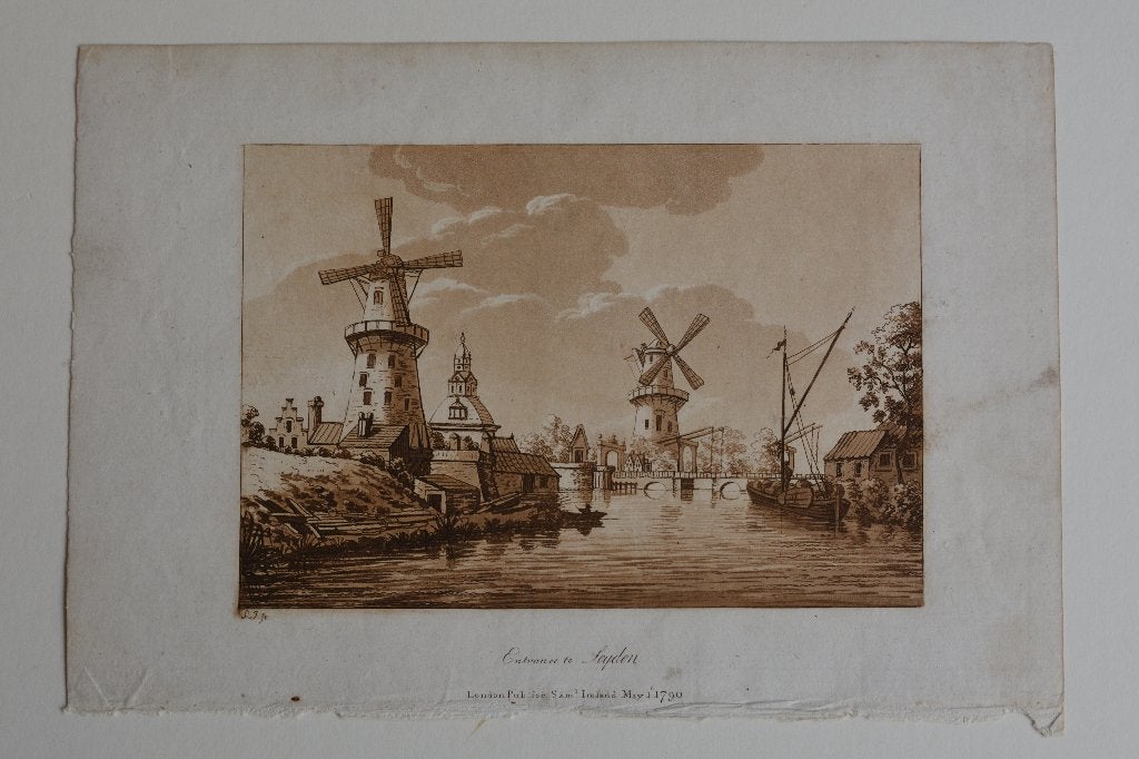 LEIDEN Mooie AQUATINT MOLENS Entrance to Leijden 1790 GU3, 10 cm, Stadsgezicht, Origineel, 15 cm