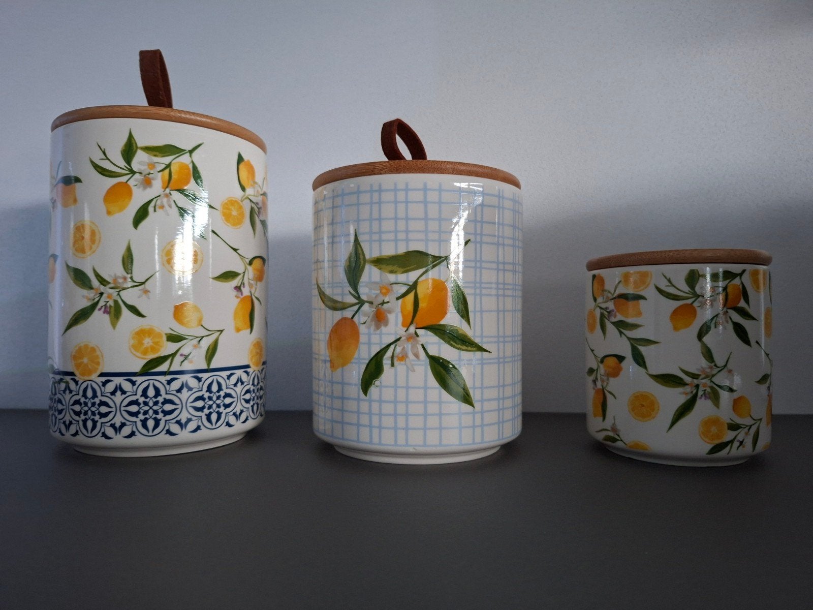 Set van 3 Wenko voorraadpotten, keramiek met citroenprint, Ophalen of Verzenden, Zo goed als nieuw, Voorraadpot, Steen/keramiek