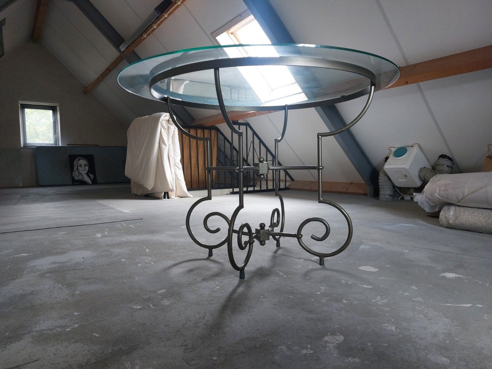 Glazen salontafel met smeedijzeren onderstel, Ophalen, 50 – 75, Gebruikt, 50 tot 100 cm