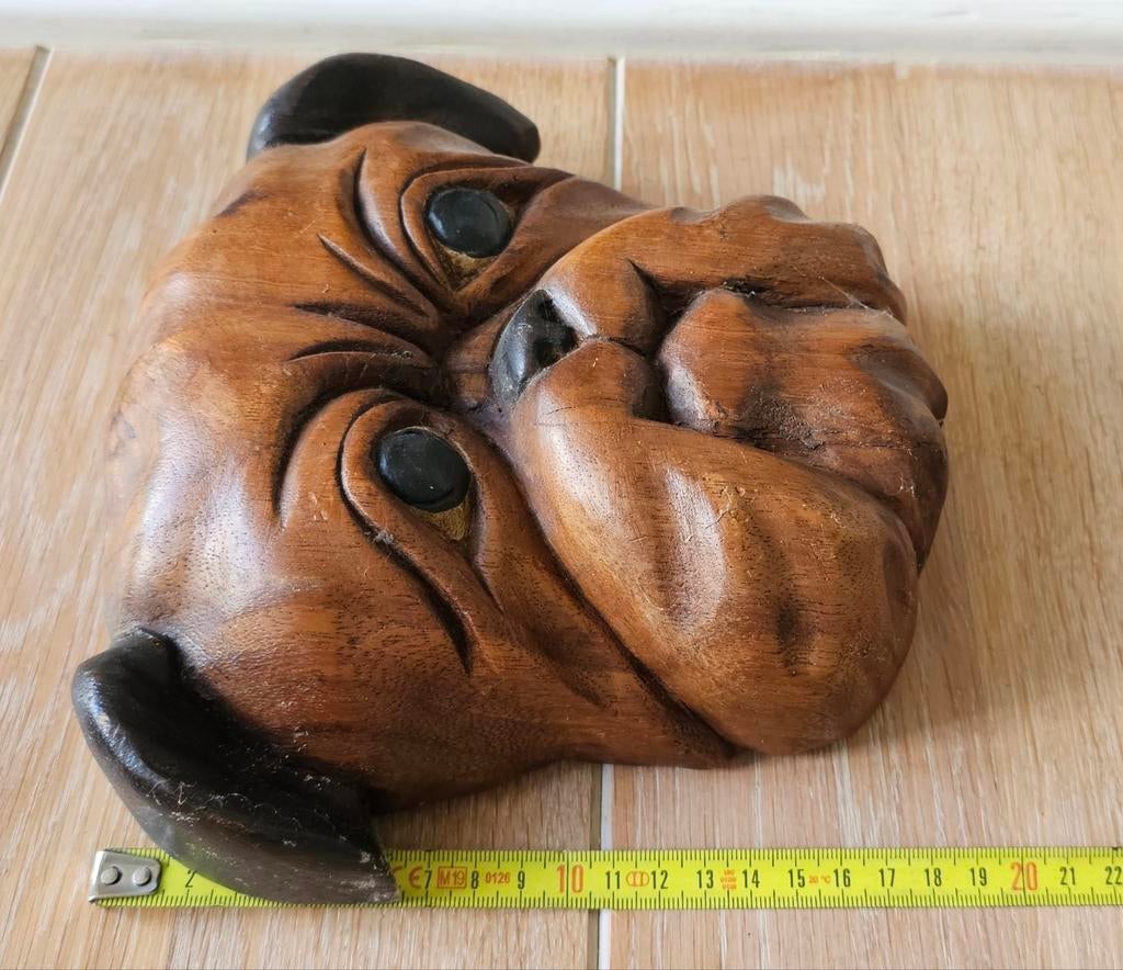 Houten buldog kop voor aan wand- Vintage- verzend ook, Ophalen