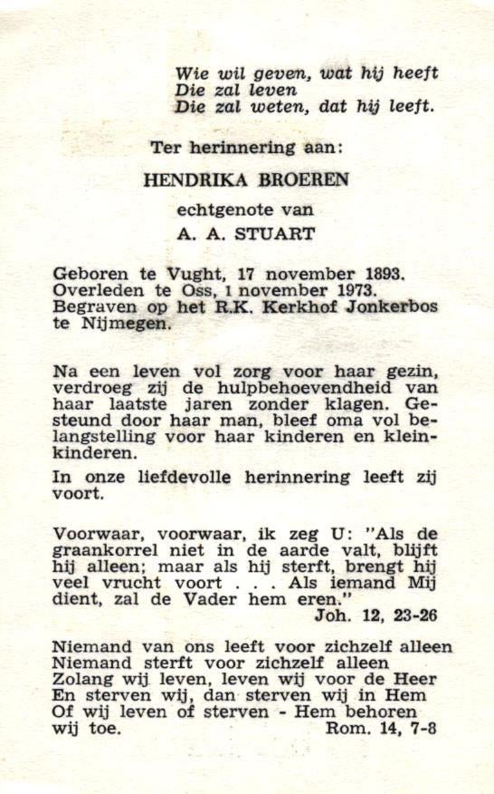Broeren Hendrika Vught 1893-1973 Oss/Nijmegen, Verzamelen, Bidprentjes en Rouwkaarten, Ophalen of Verzenden