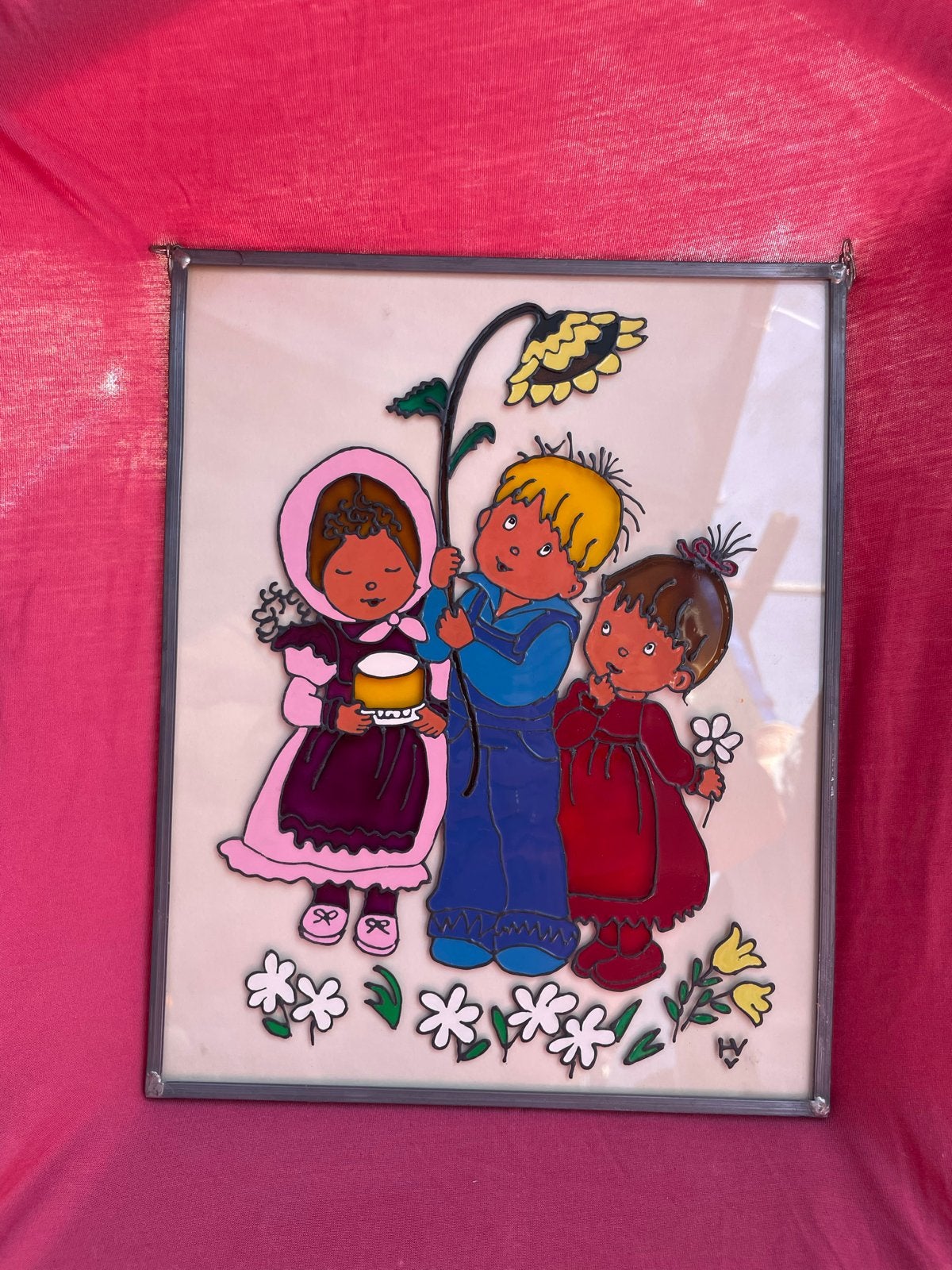 Vintage Glas-in-lood Stijl Kunstwerk: Kinderen met Bloem, Ophalen of Verzenden, Overige typen, Gemengde techniek, Ingelijst