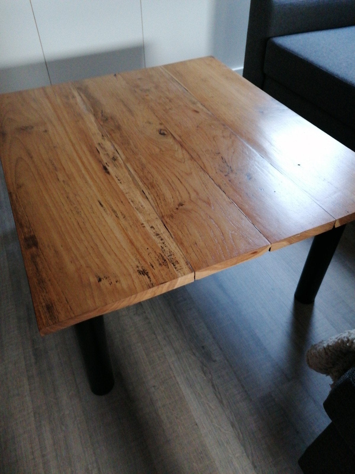 Salontafel massief hout met zwart metalen poten 90x97x45, Gebruikt, 50 tot 100 cm, Vierkant, 50 tot 100 cm
