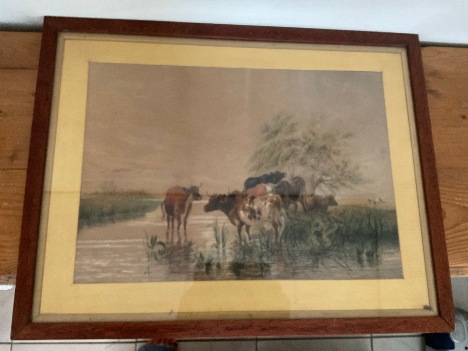 19e Eeuwse Engelse Aquarel/Potloodtekening - Vee bij Rivier, Ophalen of Verzenden, Tekening, Aquarel, Ingelijst