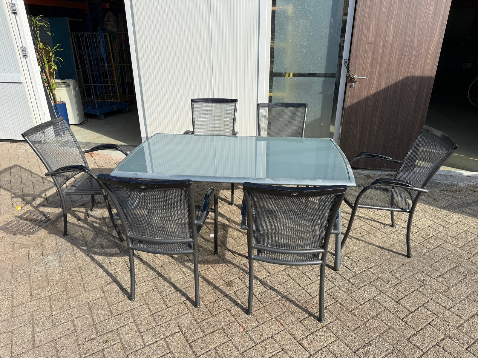Tuinset met 6 stoelen en glazen tafel top staat, Tuin en Terras, Gebruikt, Eettafel, 6 zitplaatsen, Aluminium