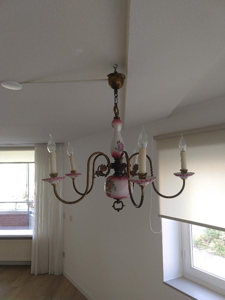 Antieke porseleinen kroonluchter met bloemmotief met 5 armen, Ophalen, Gebruikt, Glas, Antiek
