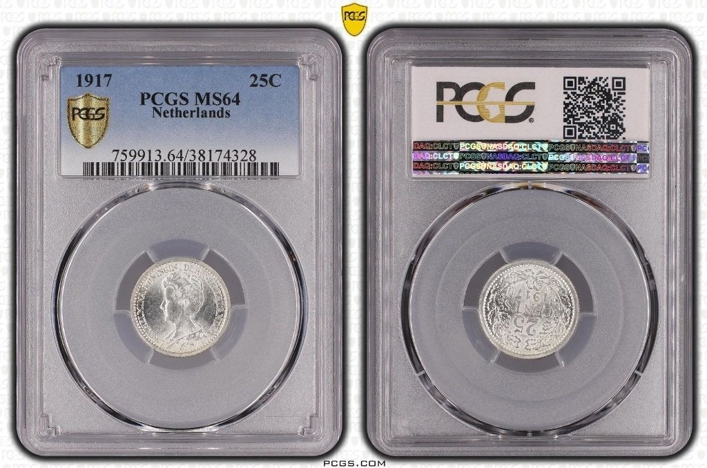 Nederland - 25 Cent 1917 in PCGS slab MS64, Postzegels en Munten, Munten | Nederland, Zilver, 25 cent, Ophalen of Verzenden, Koningin Wilhelmina