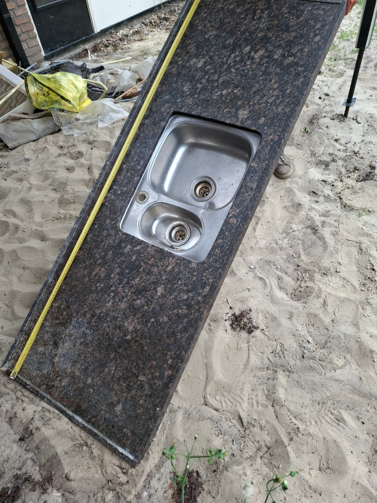 Granieten aanrechtblad met dubbele spoelbak, Ophalen, Steen/keramiek, Bruin, Overige typen