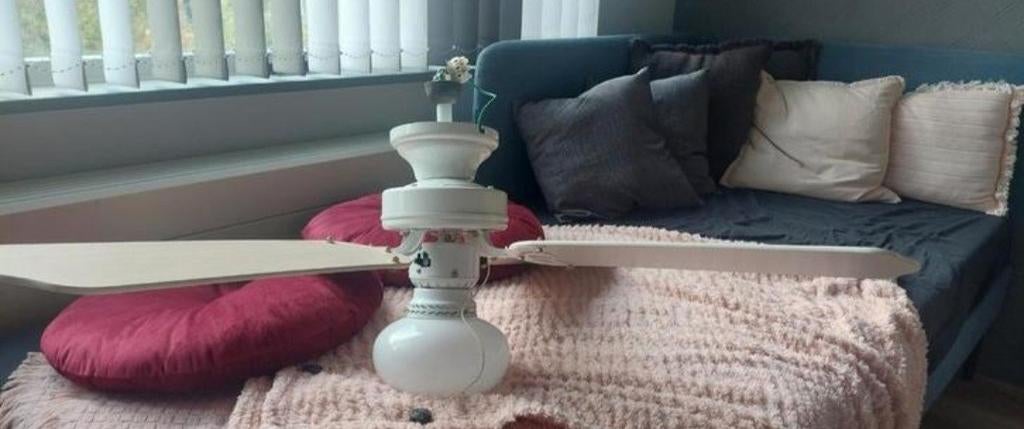 Plafondlamp met ventilator - Wit metaal en hout, Ophalen, Zo goed als nieuw, Hout
