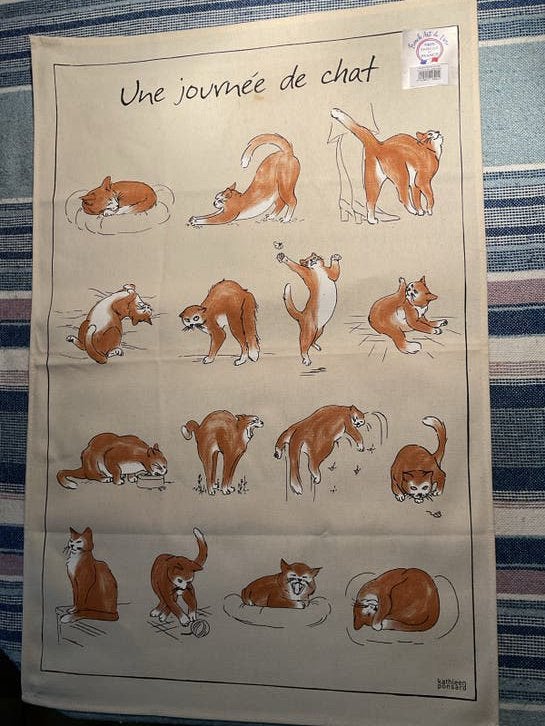 Theedoek "Une journée de chat" - Franse kunst, Huis en Inrichting, Katoen, Overige merken, Beige, Wasbaar