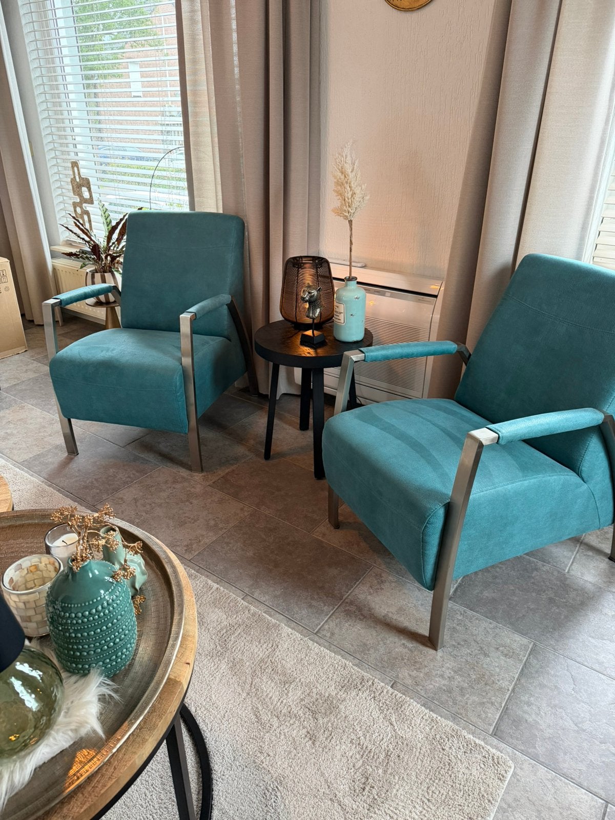 Comfortable woonkamer fauteuil stoel RVS / Turkoois izgst, Ophalen, Overige materialen, Twee, Blauw