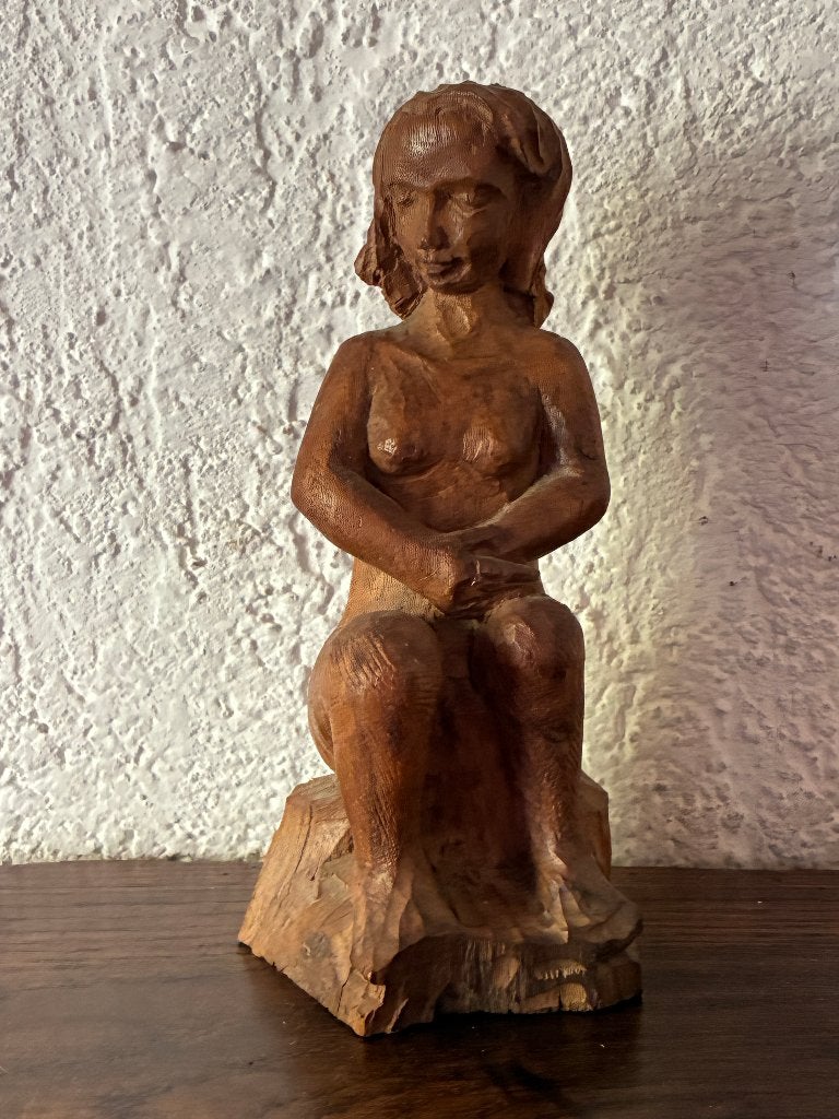 Vintage houten beeld / sculptuur vrouw – Gesigneerd W vd E, Antiek en Kunst, Houtsnijwerk, Minder dan 20 cm, Ophalen of Verzenden