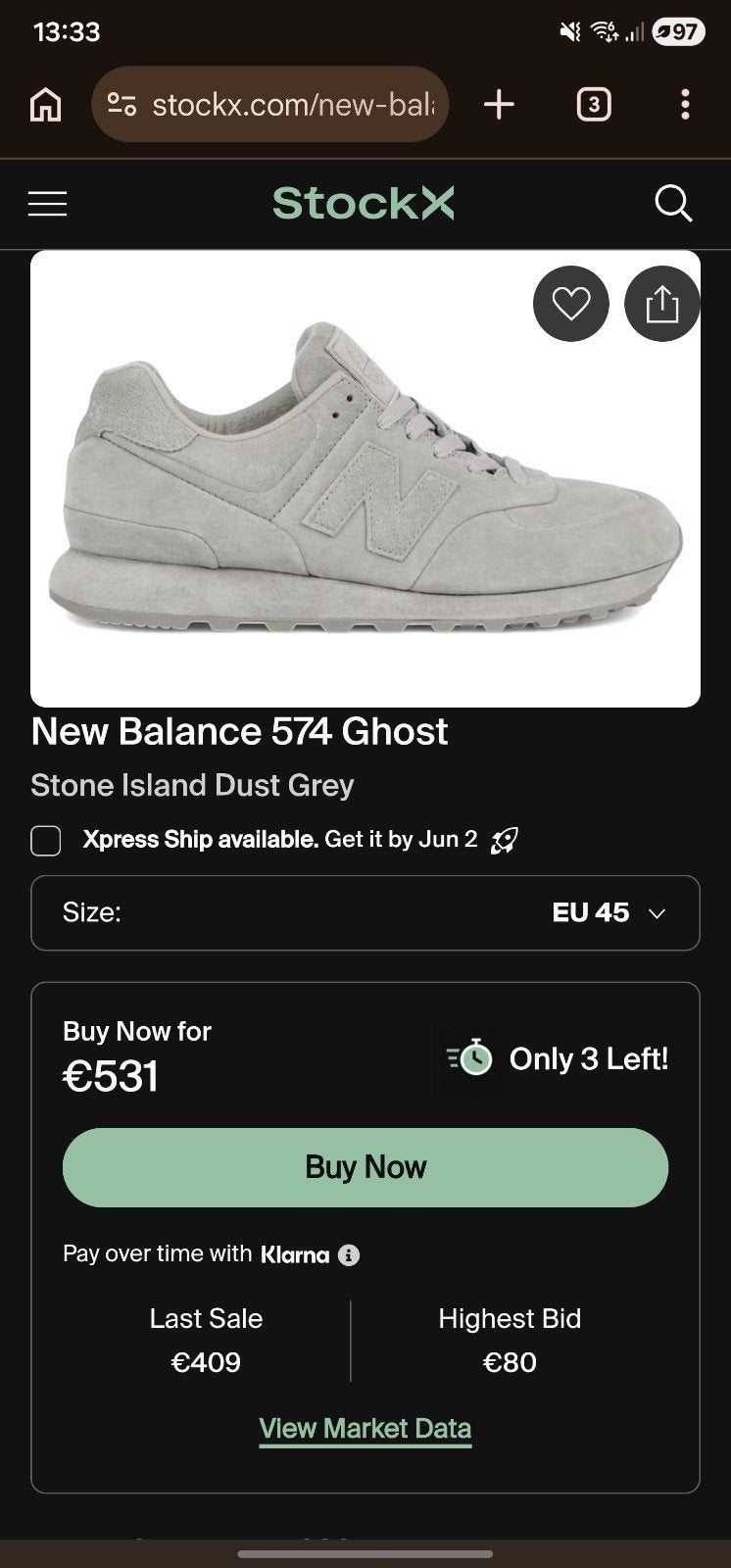 New Balance 574 Stone Island Ghost Grey maat 45, Kleding | Heren, Schoenen, New Balance, Overige kleuren, Ophalen of Verzenden