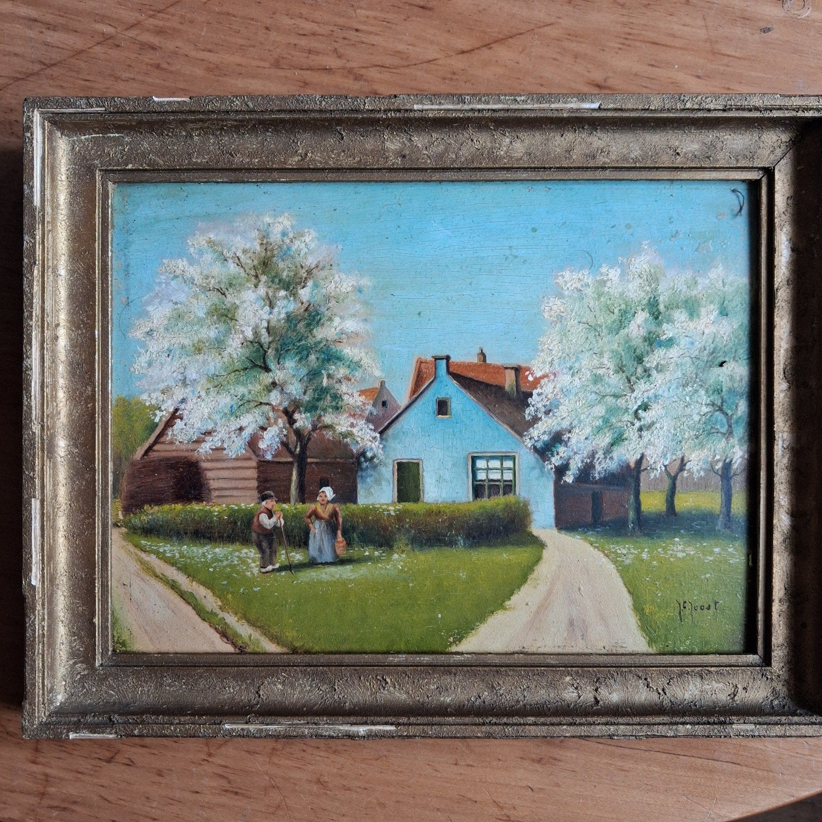 Olieverf Paneel J.C.Joost Hollands Tafereel Streekdracht, Paneel, Oud hollands, Ophalen of Verzenden, Landschap