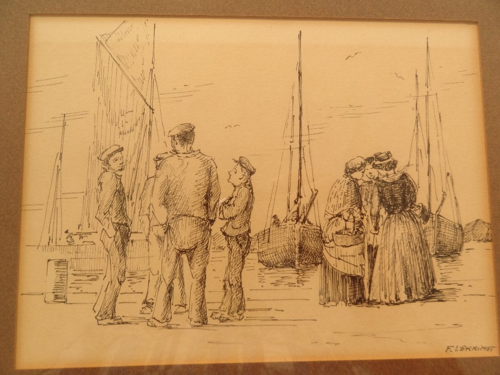 pentekening mannen en vrouwen boten Bretagne F. Verrimst, Antiek en Kunst, Ophalen of Verzenden, Tekening, Pentekening, Achter glas