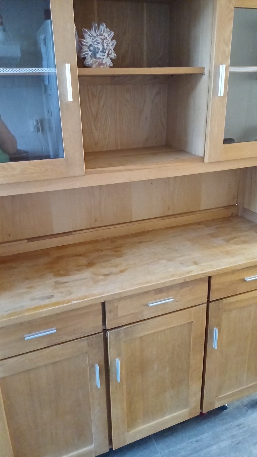 teakhouten buffetkast met glazen deuren en lades, Ophalen, Gebruikt, 100 tot 150 cm, Eikenhout
