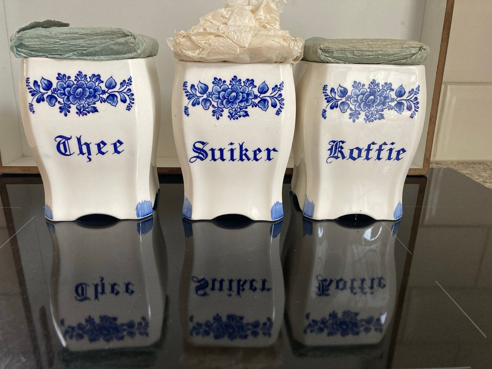 Set van 3 Delfts blauwe voorraadpotten: Thee, Suiker, Koffie, Antiek en Kunst, Ophalen of Verzenden