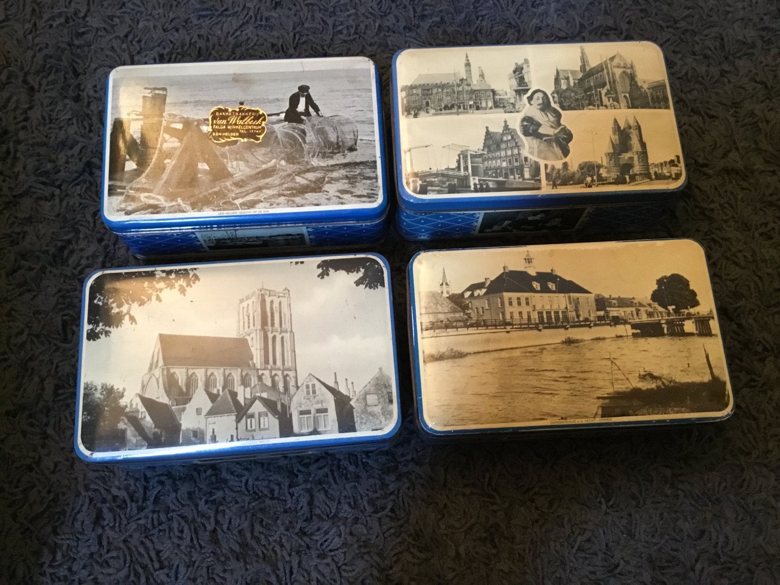 Set van 4 vintage blikken met Nederlandse stadsgezichten, Verzamelen, Ophalen of Verzenden, Gebruikt, Koek(jes), Bolletje