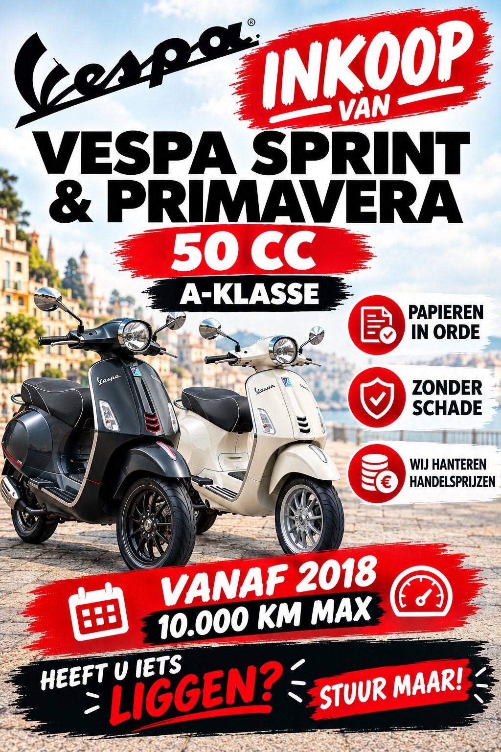 Inkoop Vespa Sprint & Primavera 50cc A-klasse, Fietsen en Brommers, Ophalen, Maximaal 25 km/u
