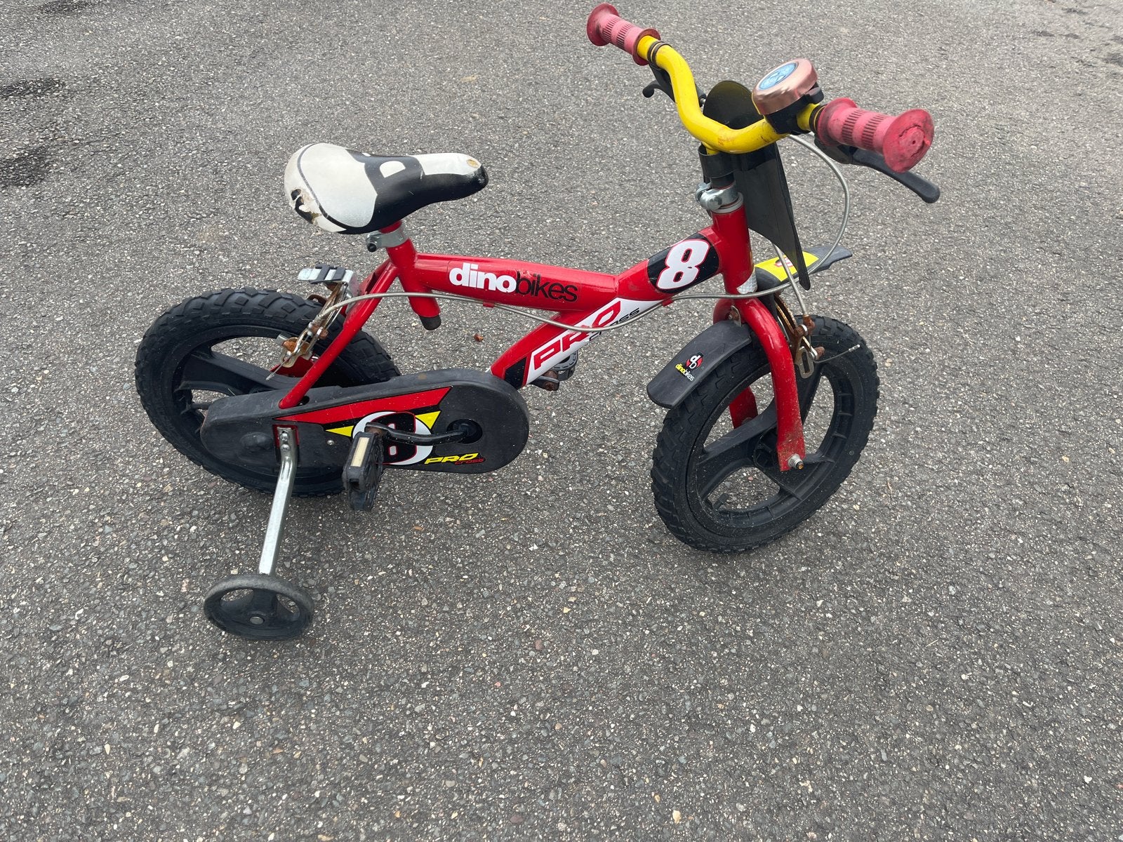 Dinobike kinderfiets 14 inch met zijwieltjes, Ophalen, Terugtraprem, Zijwieltjes, Gebruikt