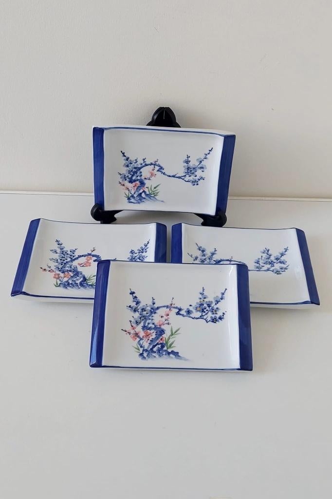 Set 4 japan japanse Sushi borden blauw-wit kersenbloesem, Eu, Eu, Keramiek, Ophalen of Verzenden