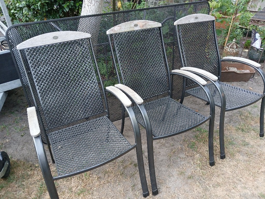 3 metalen Royal Garden tuinstoelen met houten armleuningen, Ophalen, Gebruikt, Metaal, Stapelbaar