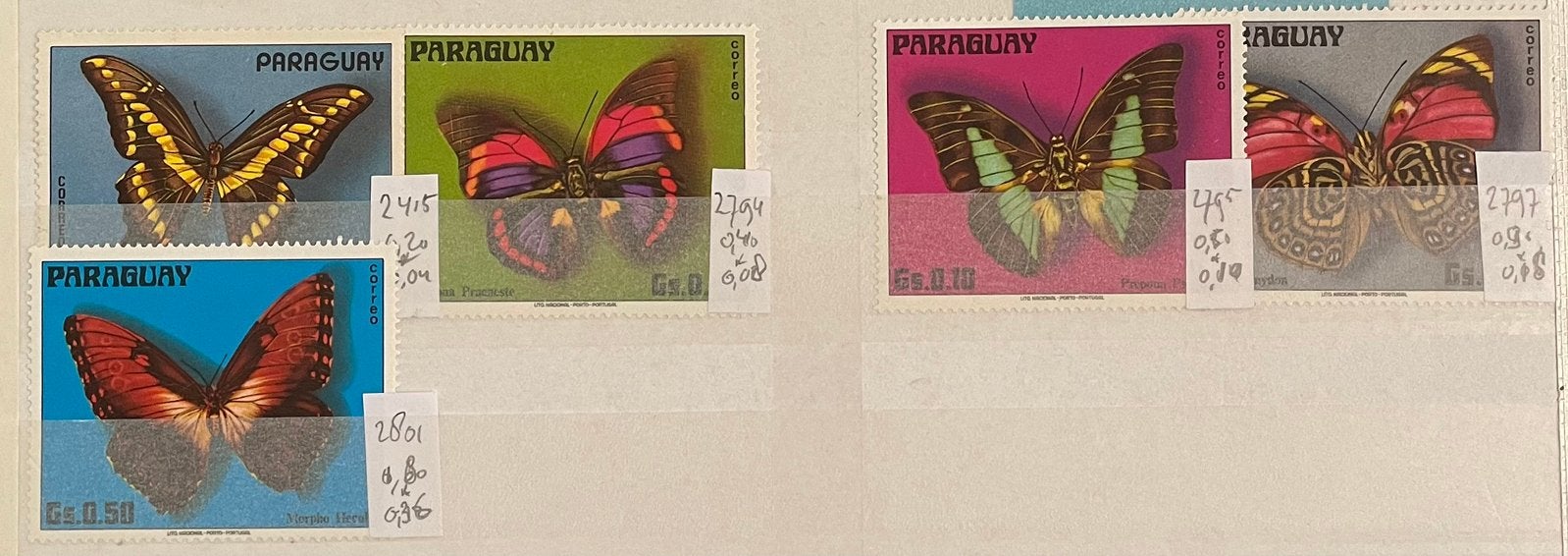 5 postzegels Paraguay; vlinders, Ophalen of Verzenden, Gestempeld, Dier of Natuur