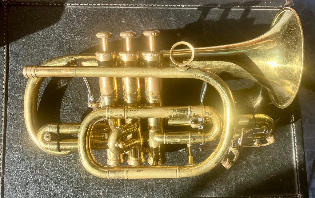 Willson cornet, Ophalen of Verzenden, Gebruikt, Bes-trompet, Met koffer