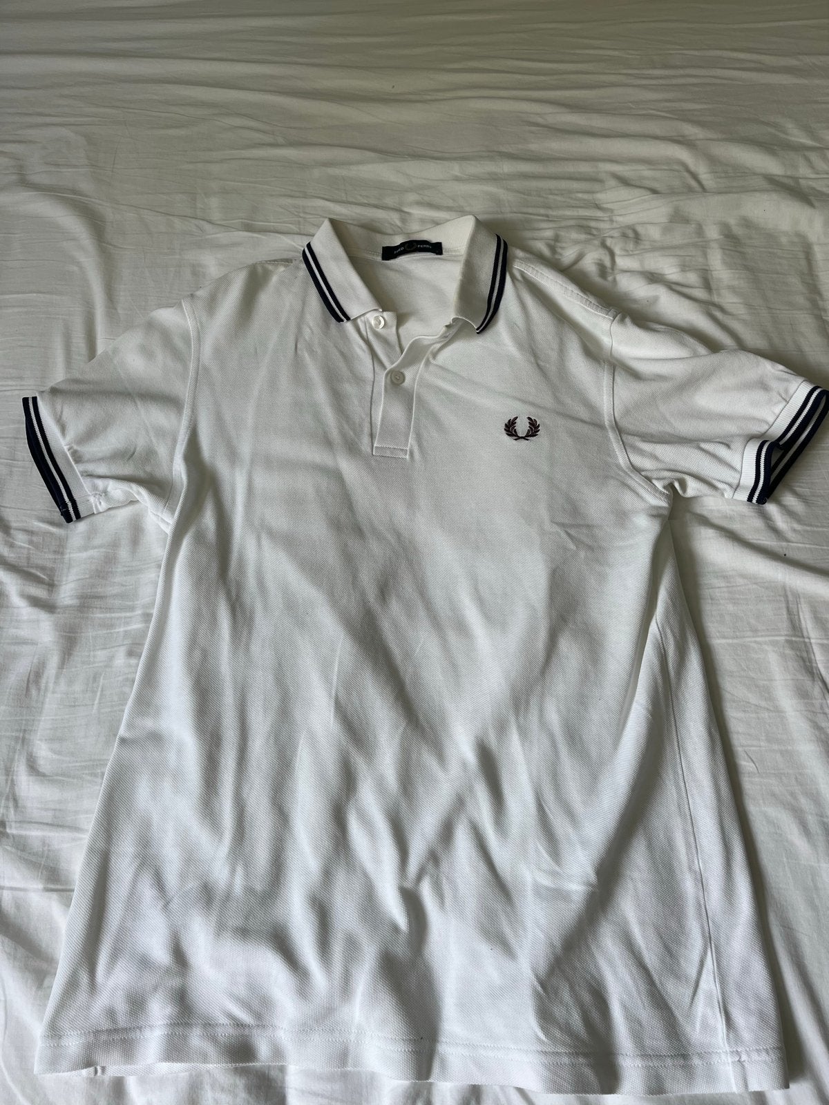 Fred Perry poloshirt wit met blauwe strepen, maat S, Ophalen of Verzenden, Zo goed als nieuw, Maat 46 (S) of kleiner, Wit