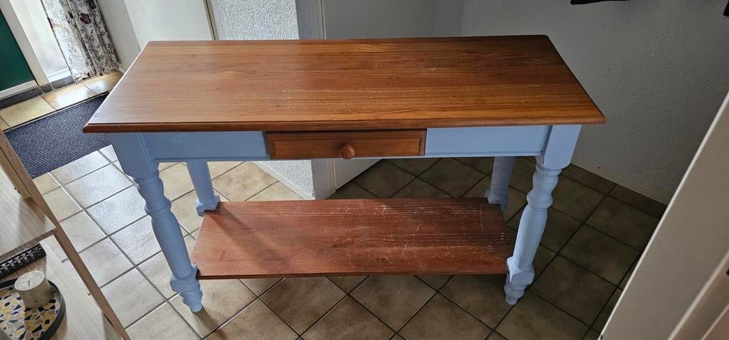 Salontafel met lade en plank - Hout en lichtblauw, Huis en Inrichting, Tafels | Salontafels, Ophalen, Gebruikt, 100 tot 150 cm
