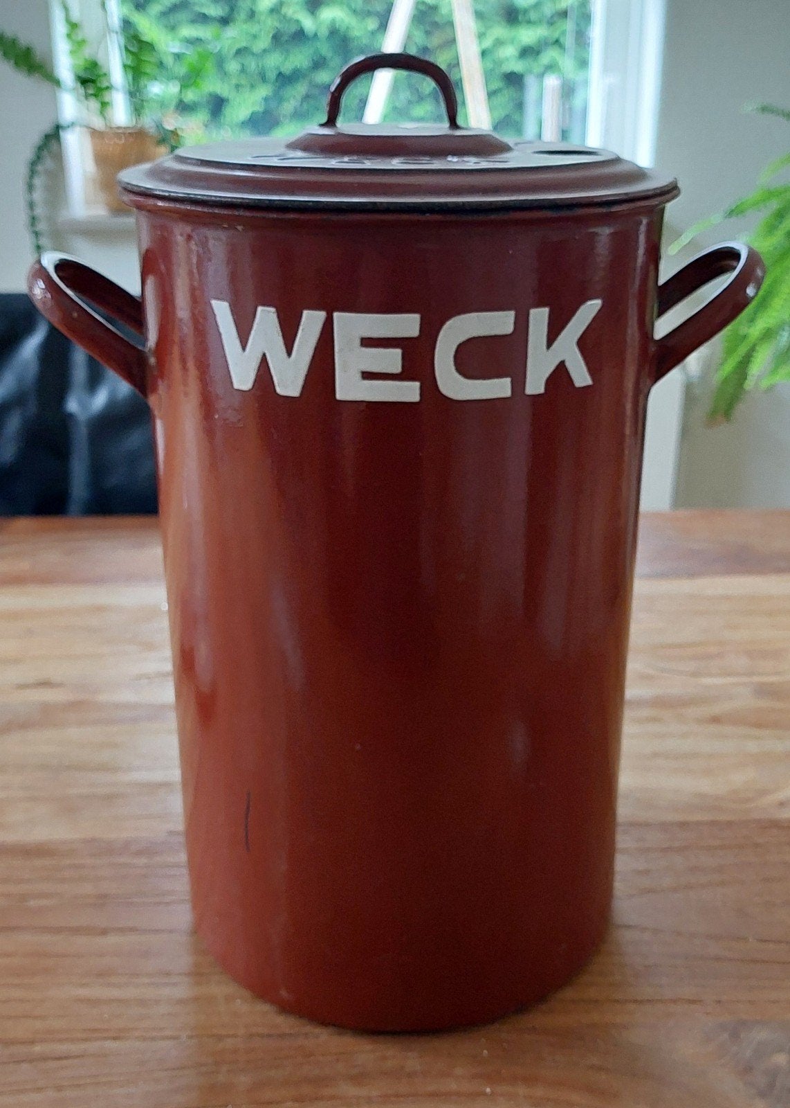 Vintage Weck emaille pot met deksel -Rood Bruin, Ophalen of Verzenden