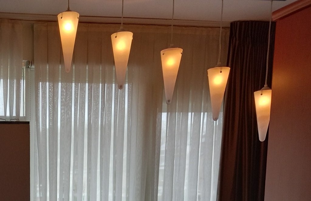 Hanglamp 5-lichts mat-glas kegelvorm, in hoogte verstelbaar., Ophalen, Zo goed als nieuw, Glas