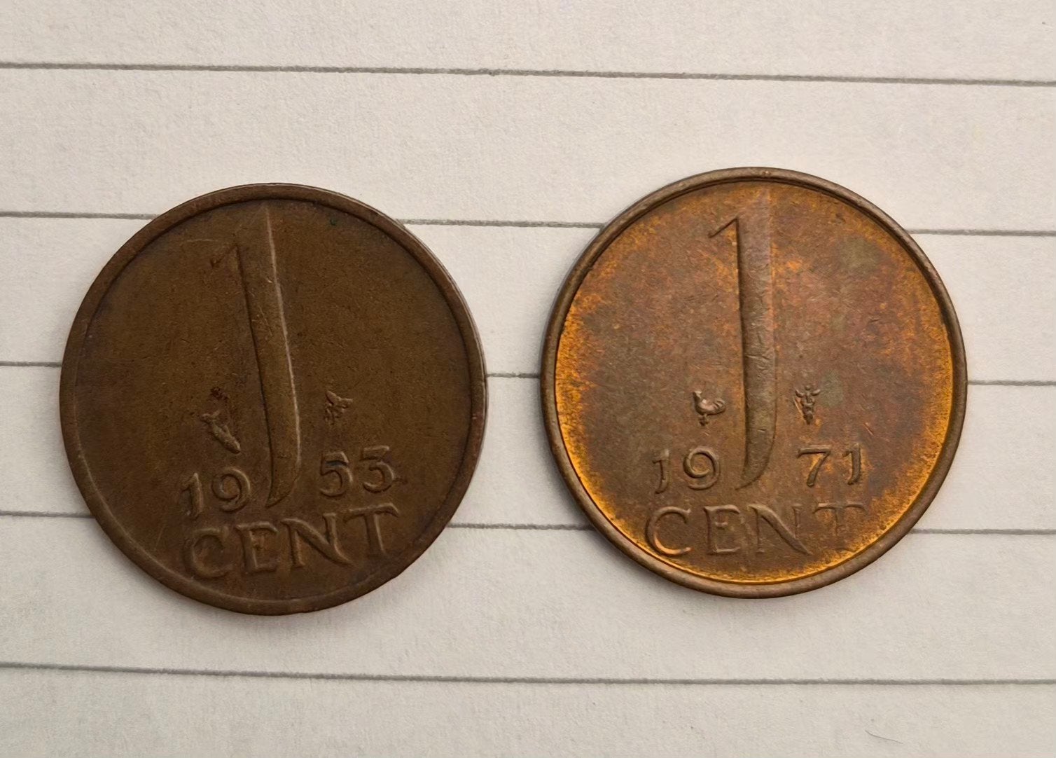 2 oude nederlands 1 cent munt 1955/1971, Ophalen
