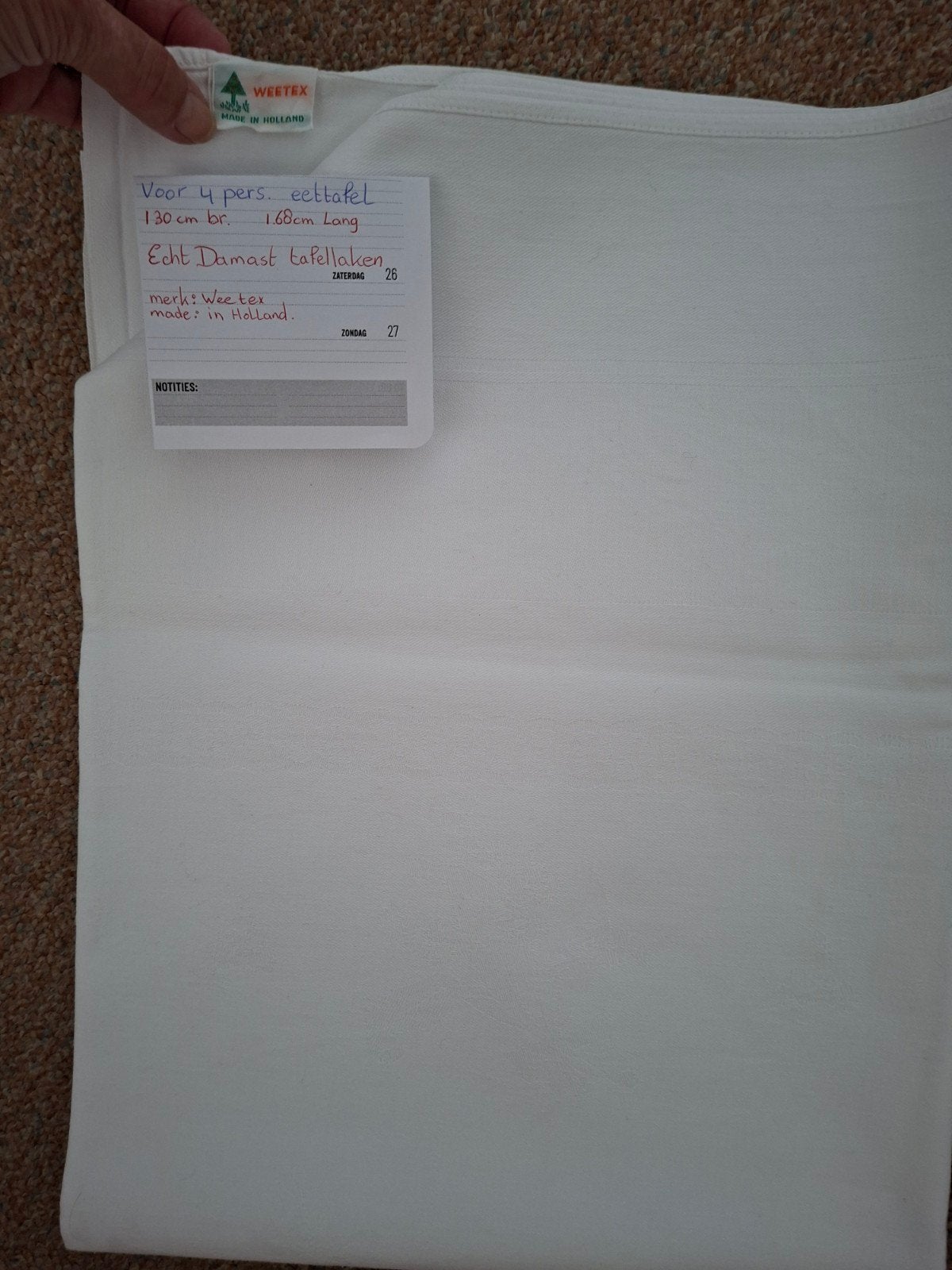 Damast tafellaken wit 168 L.130 br als nieuw., Ophalen of Verzenden, Zo goed als nieuw