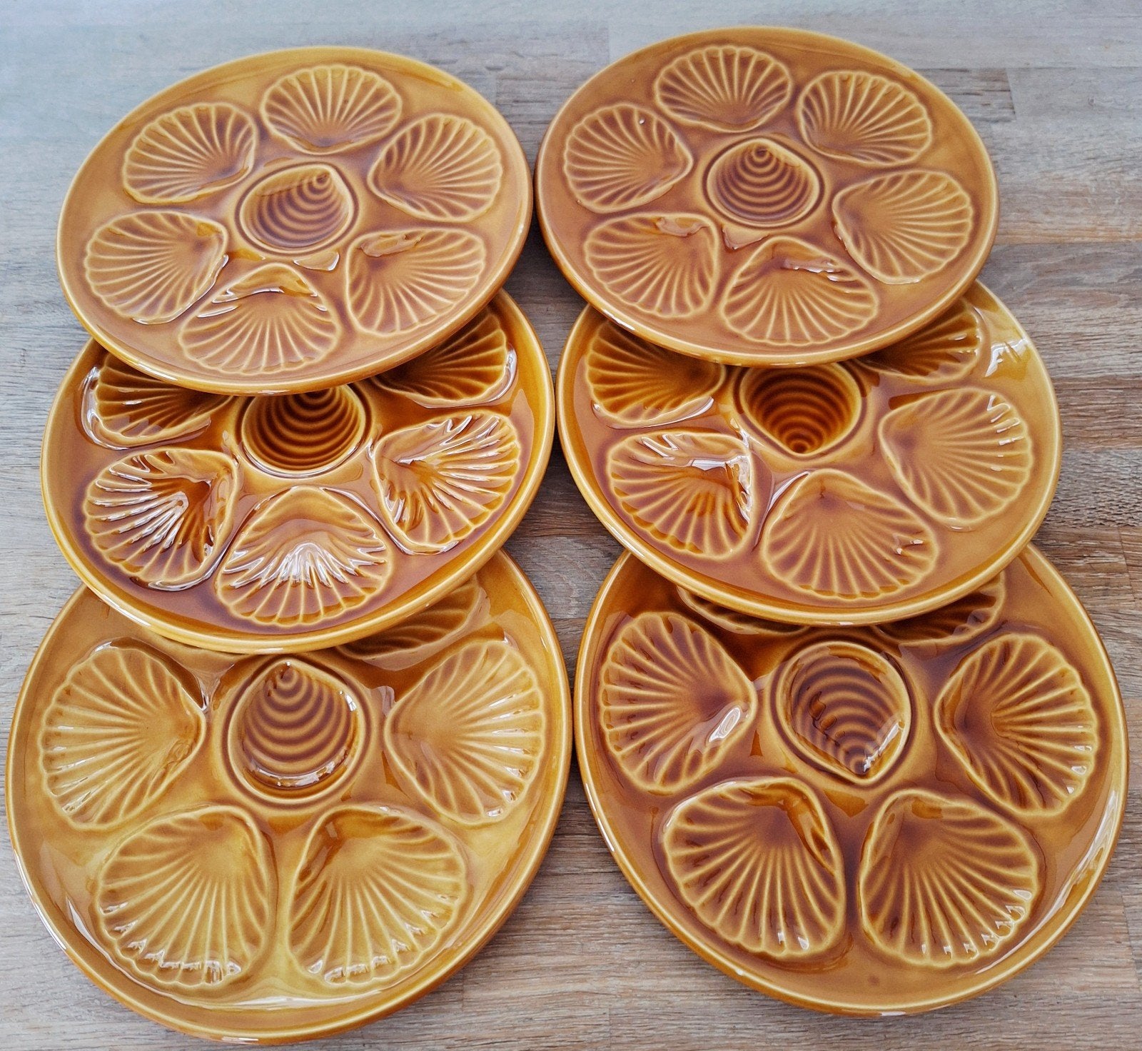 Vintage franse barbotine Oesterborden, karamelkleur 6x, Ophalen of Verzenden
