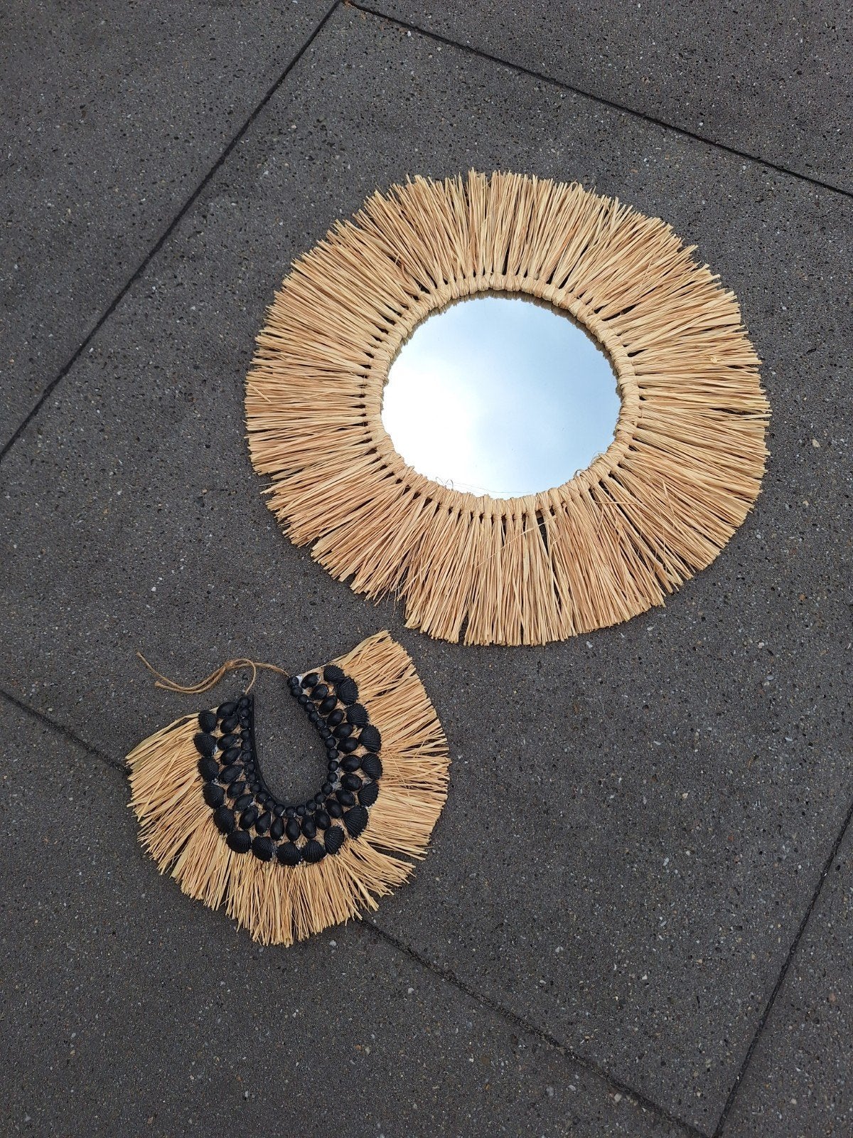Decoratieve spiegel met rieten rand, Huis en Inrichting, Ophalen, Minder dan 50 cm, Rond, Zo goed als nieuw