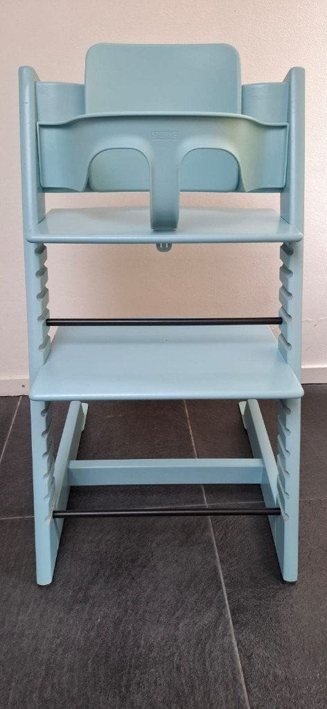 Stokke stoel aque blue met accesoires, Ophalen, Zo goed als nieuw, Meegroeistoel