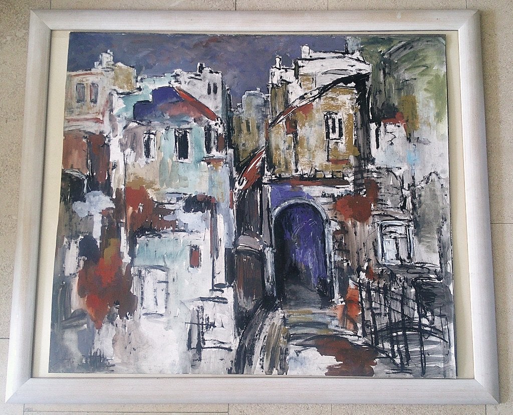 Zuid-Franse stad met poort '91 - Jelle Hoogstra 1924-200, Gouache, Expressionistisch, Ophalen of Verzenden, Papier