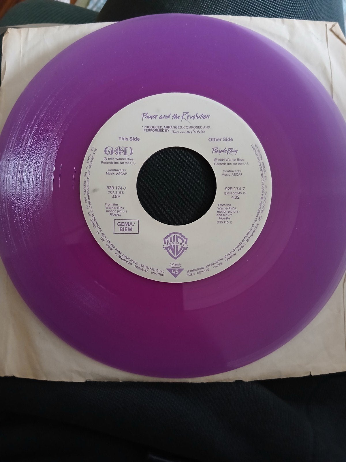 Prince - Purple Rain paarse vinyl single (zonder hoesje), Gebruikt, 7 inch, Colored vinyl, Ophalen of Verzenden