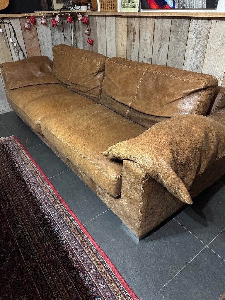 Bankstel Natuurleer Bruin, Huis en Inrichting, Ophalen, 250 tot 300 cm, Gebruikt, 100 tot 125 cm