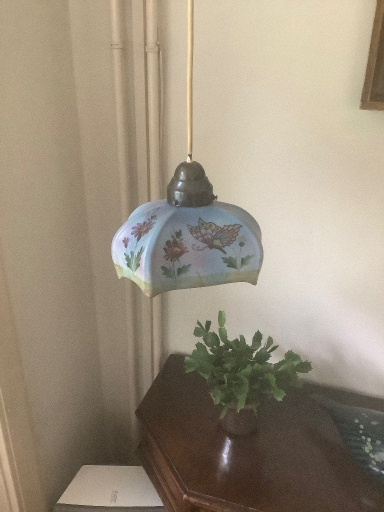 Antieke katrol lamp, Ophalen, Gebruikt, Glas, E27 (groot)