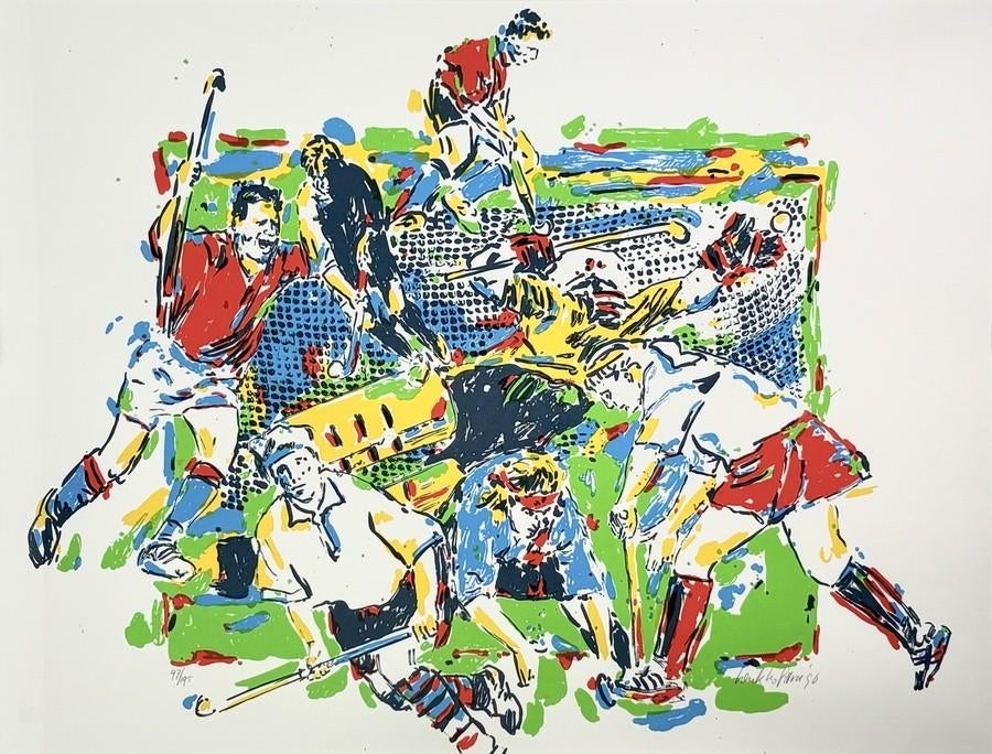 1348. Zeefdruk, Henk Hofstra – hockeyduel, 1996, Ophalen of Verzenden
