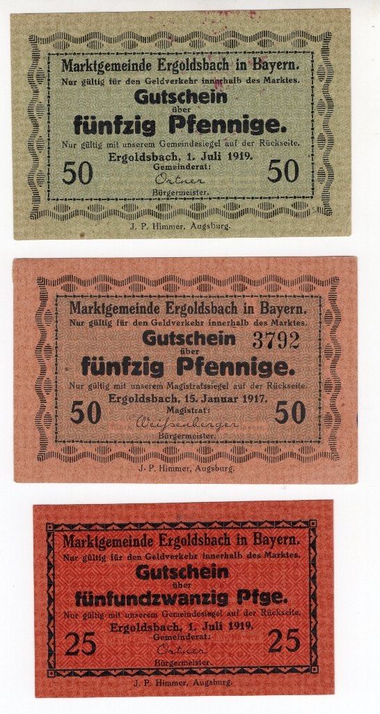 Duitsland Noodgeld Ergoldsbach 3 waardes 1919, Postzegels en Munten, Ophalen of Verzenden, Duitsland