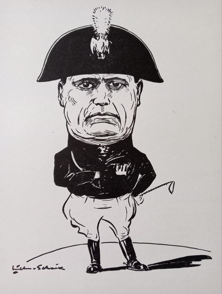 Litho Benito Mussolini cartoon, Ophalen of Verzenden, Voor 1940, Gebruikt