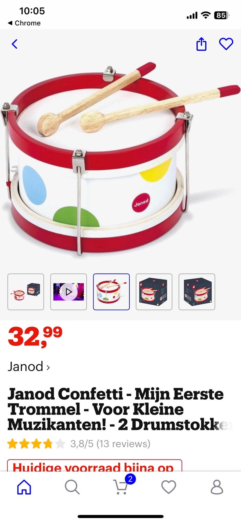 Janod Confetti Trommel - Mijn Eerste Trommel voor Kinderen, Ophalen of Verzenden, Zo goed als nieuw, Overige merken