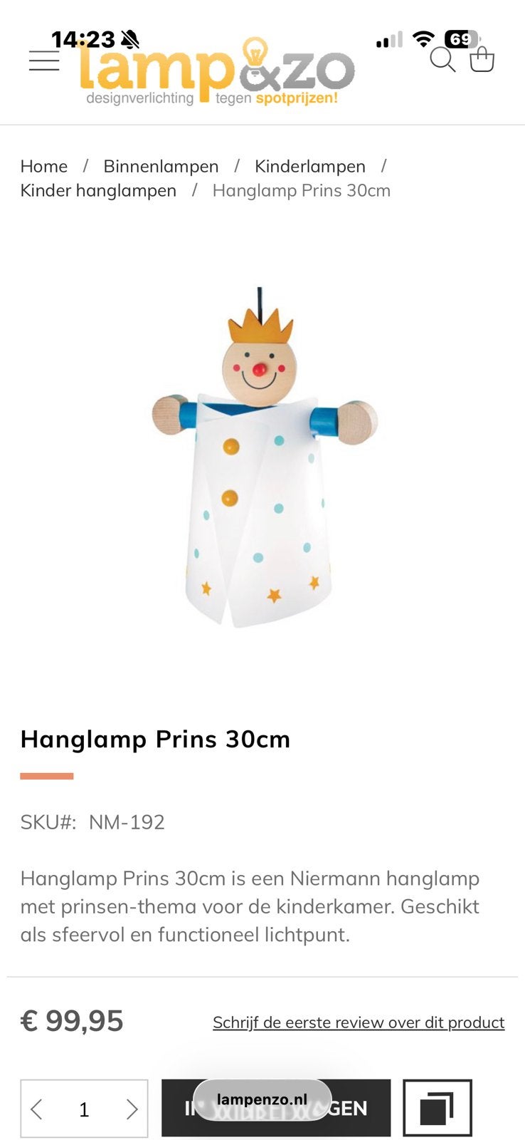 Niermann hanglamp Prins, Ophalen of Verzenden, Zo goed als nieuw, Lamp