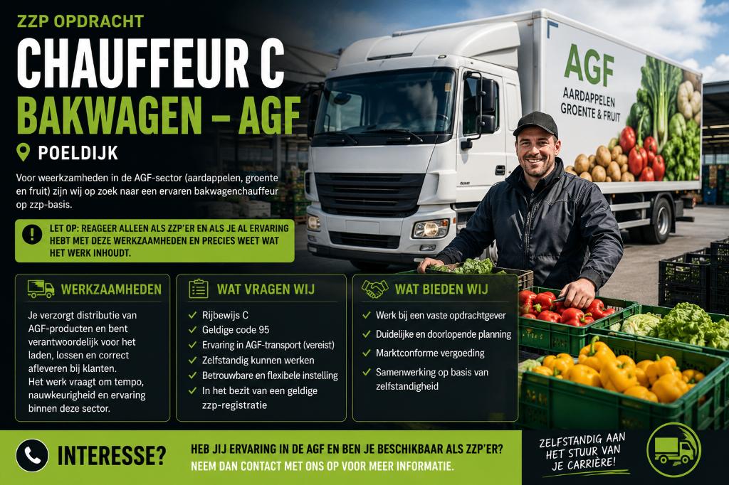 chauffeur Chauffeur C Bakwagen – AGF  Poeldijk, Vacatures, Overige uren, Overige niveaus, Vanaf 1 jaar, Overige vormen