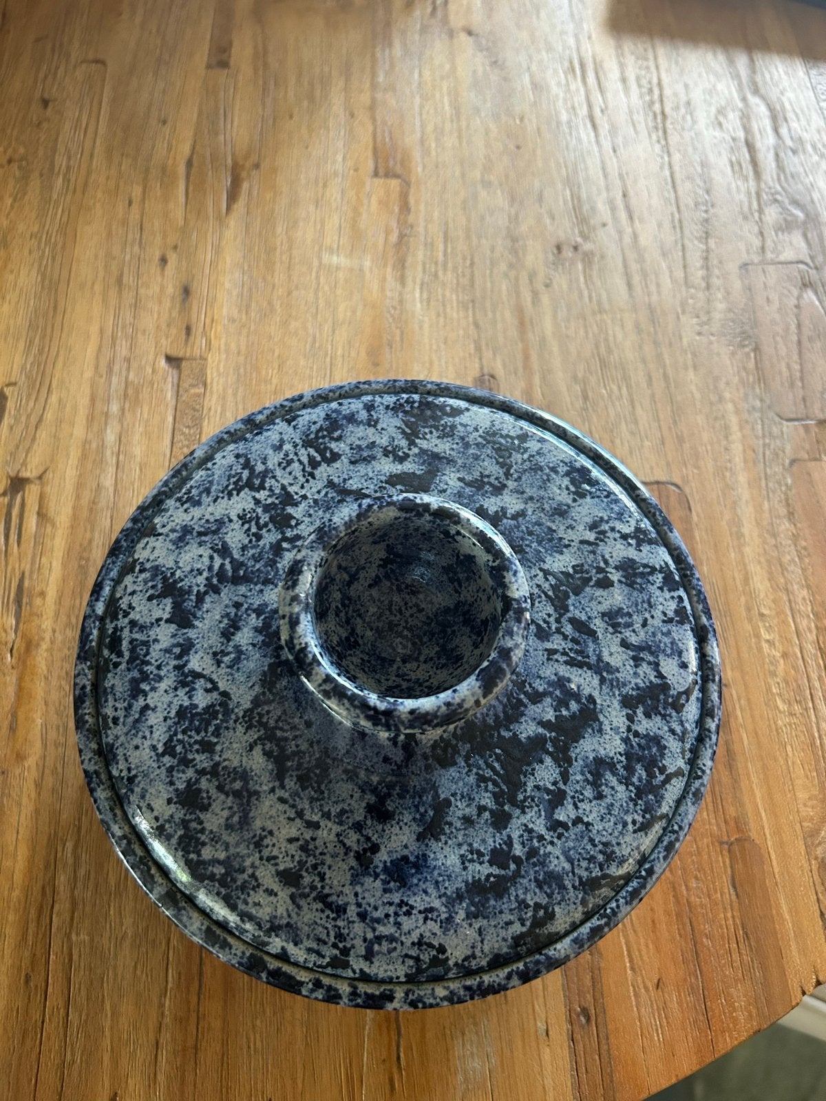 Vintage Aardewerk Pot met Deksel - Blauw Gespikkeld, Ophalen