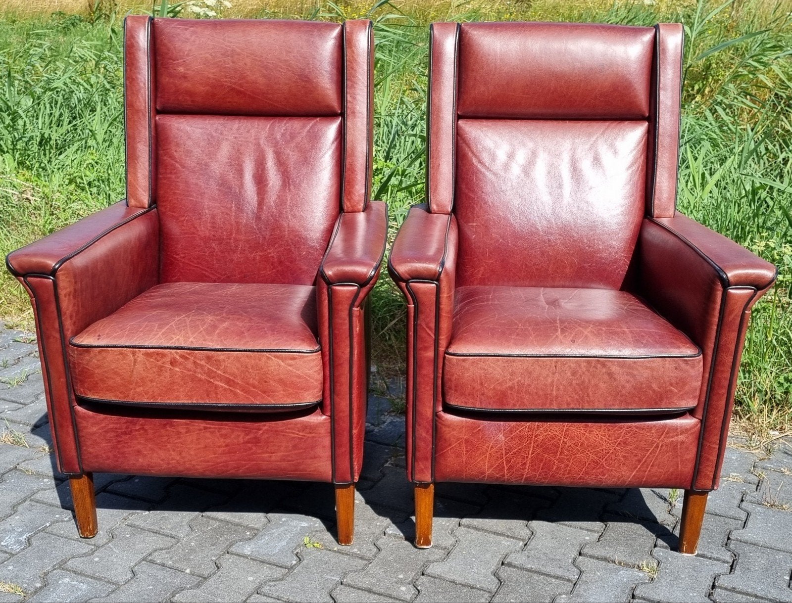 2x fijne Klassieke fauteuil rood bruin leer + BEZORGING, Gebruikt, ., Klassiek, Ophalen of Verzenden